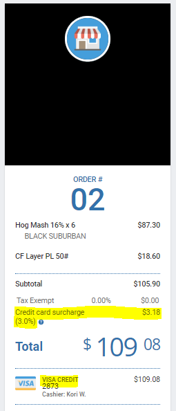 Customer-facing display itemizing the credit card surcharge before payment