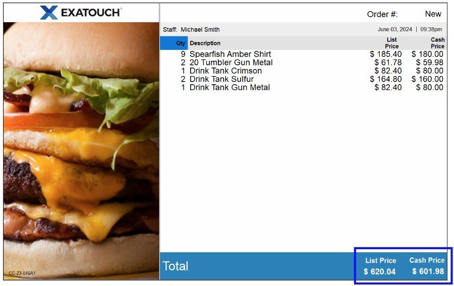 POS screen showing a card total and a cash total side by side