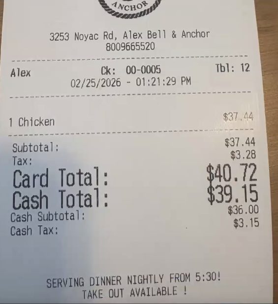 Customer receipt showing card total 40.72 and cash total 39.15