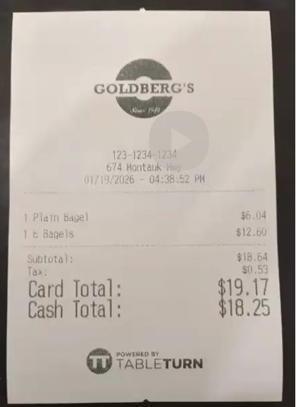 Bagel shop receipt showing card total 19.17 and cash total 18.25