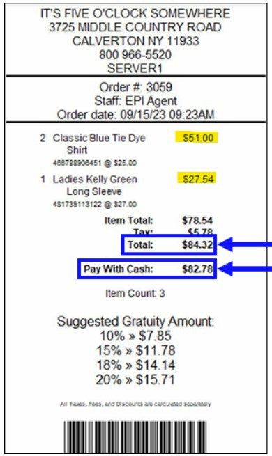 Printed check showing the card total and the pay-with-cash total together