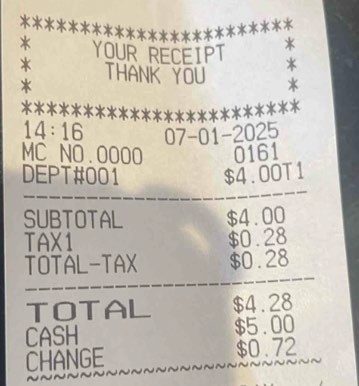 Register receipt totaling 4.28
