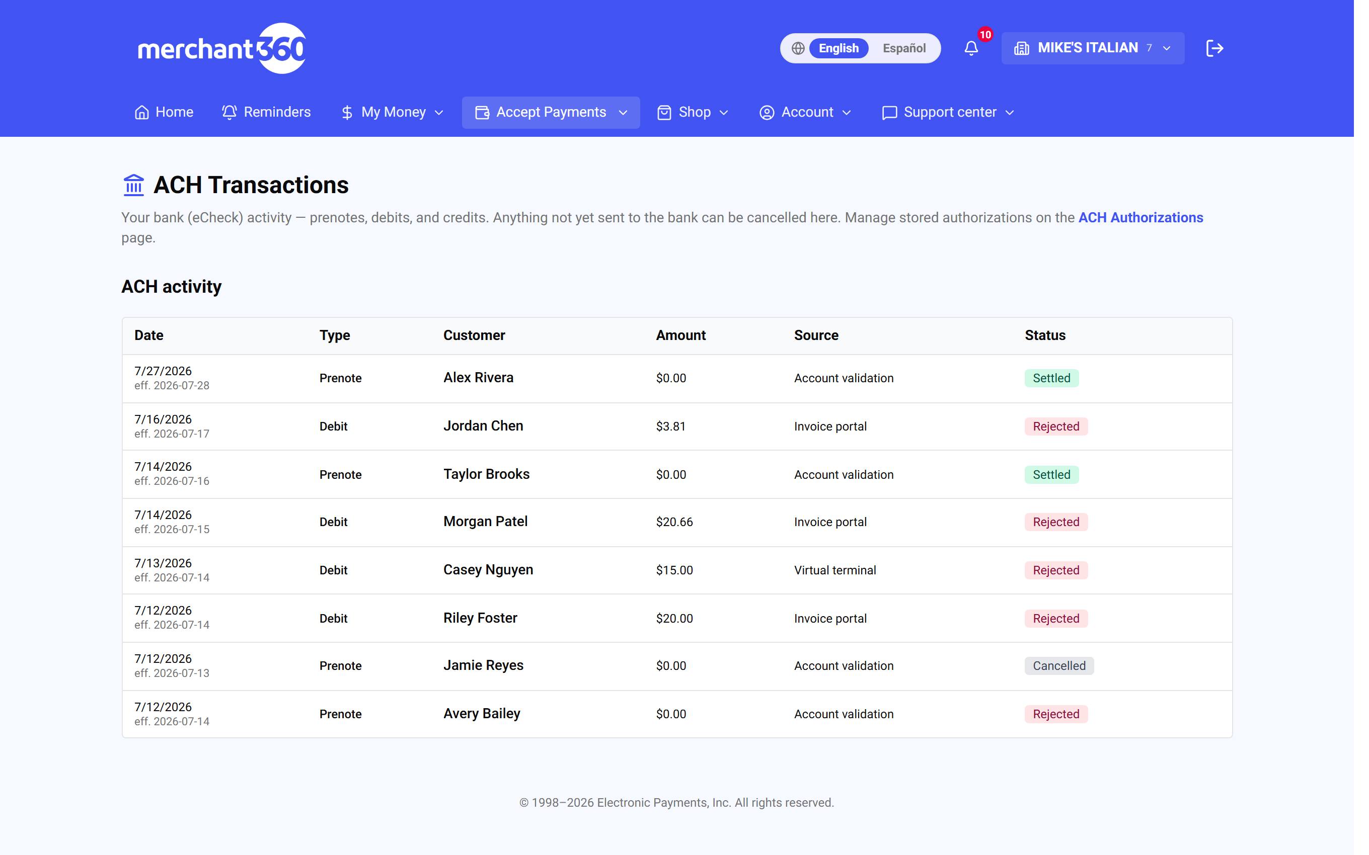 ACH Transactions page
