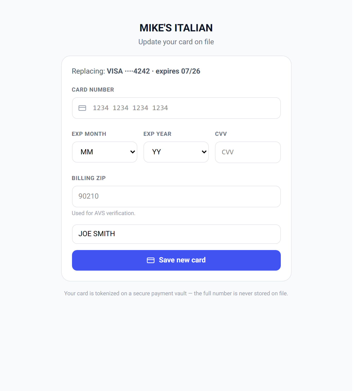 The secure card-update page