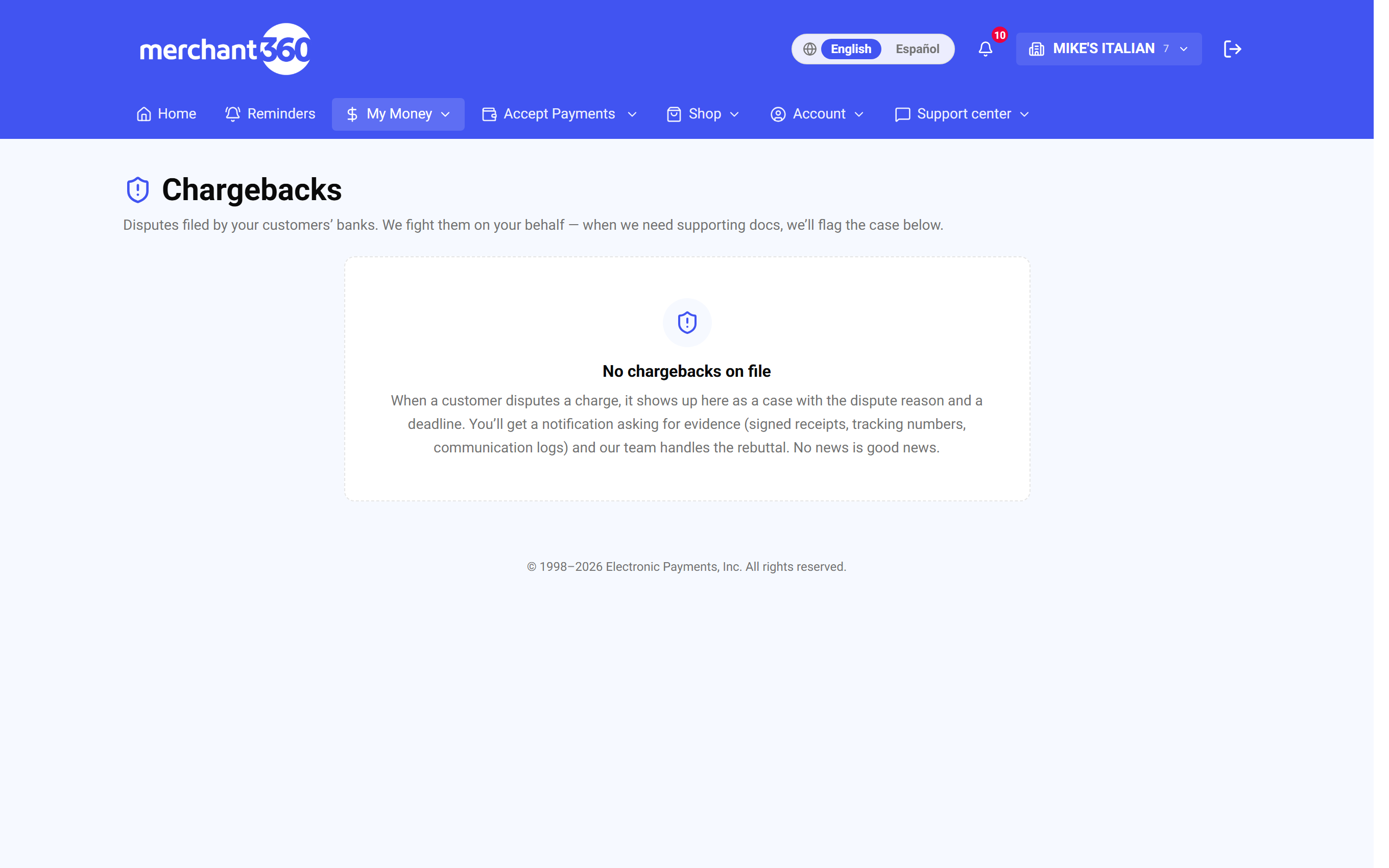 The Chargebacks page – dispute cases with deadlines
