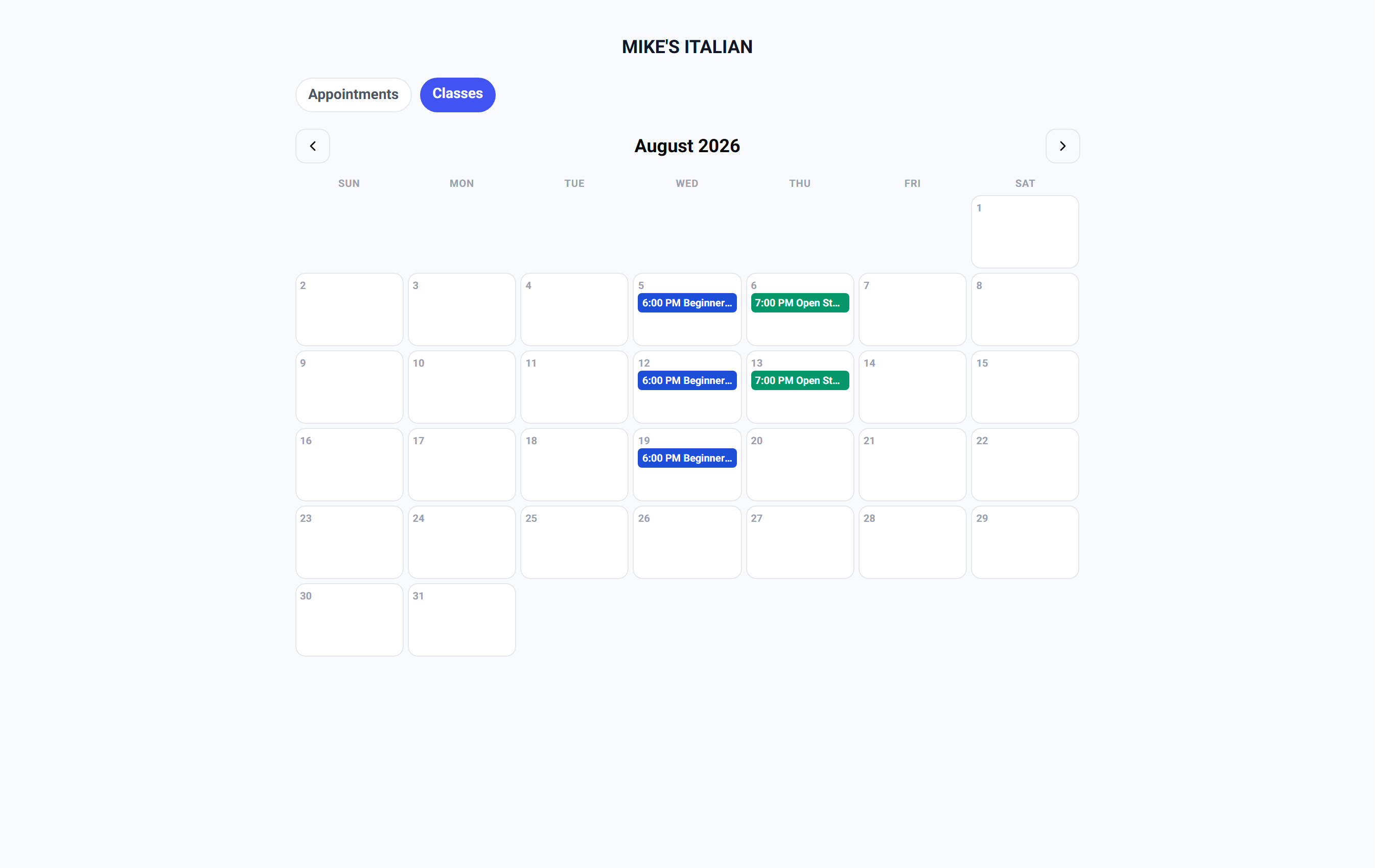 The public Classes calendar on the booking page