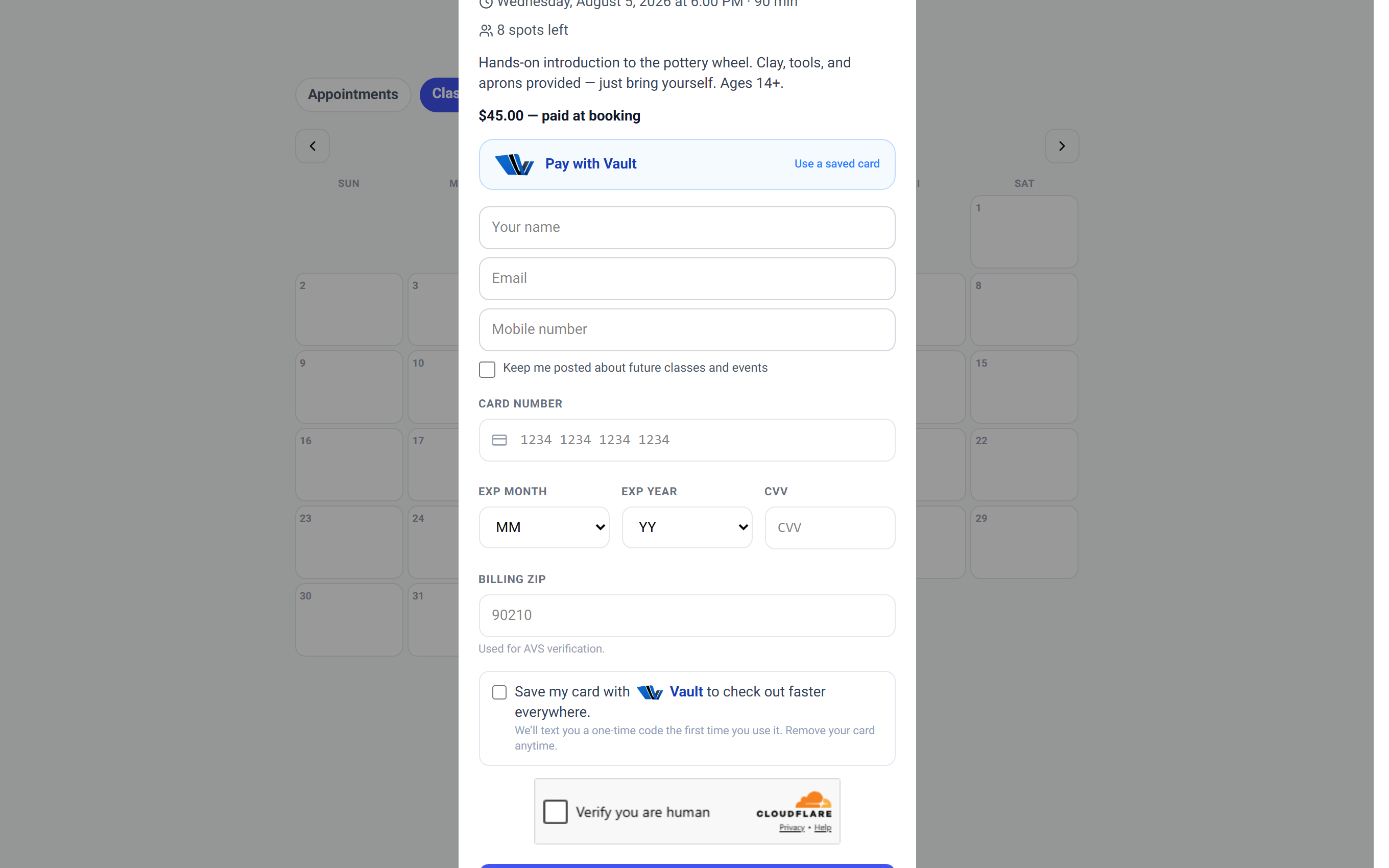 The class description modal with the booking form