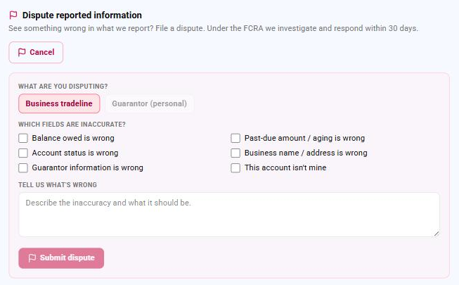 File a dispute form on the Credit Reporting page