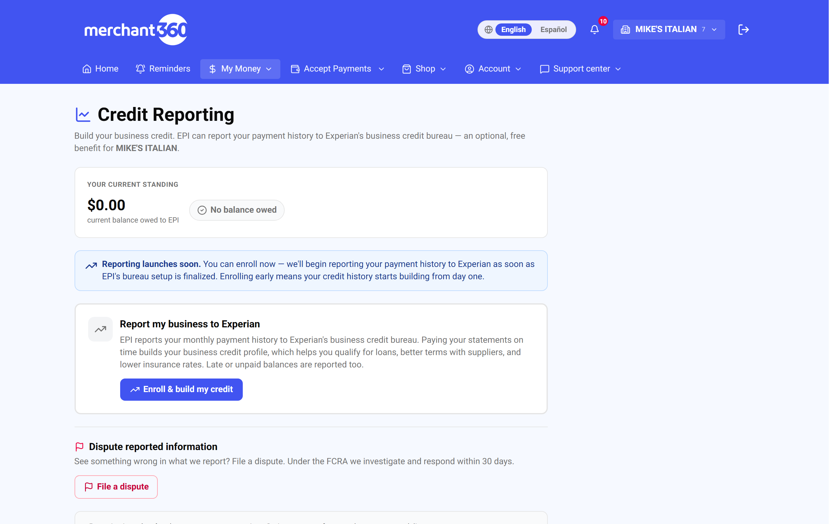 Business credit reporting enrollment and standing