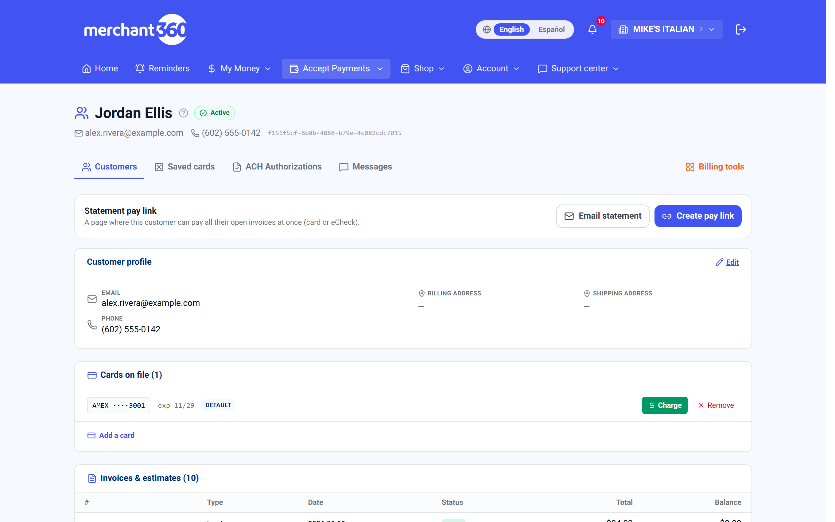 Customer profile with A/R, cards, and CRM