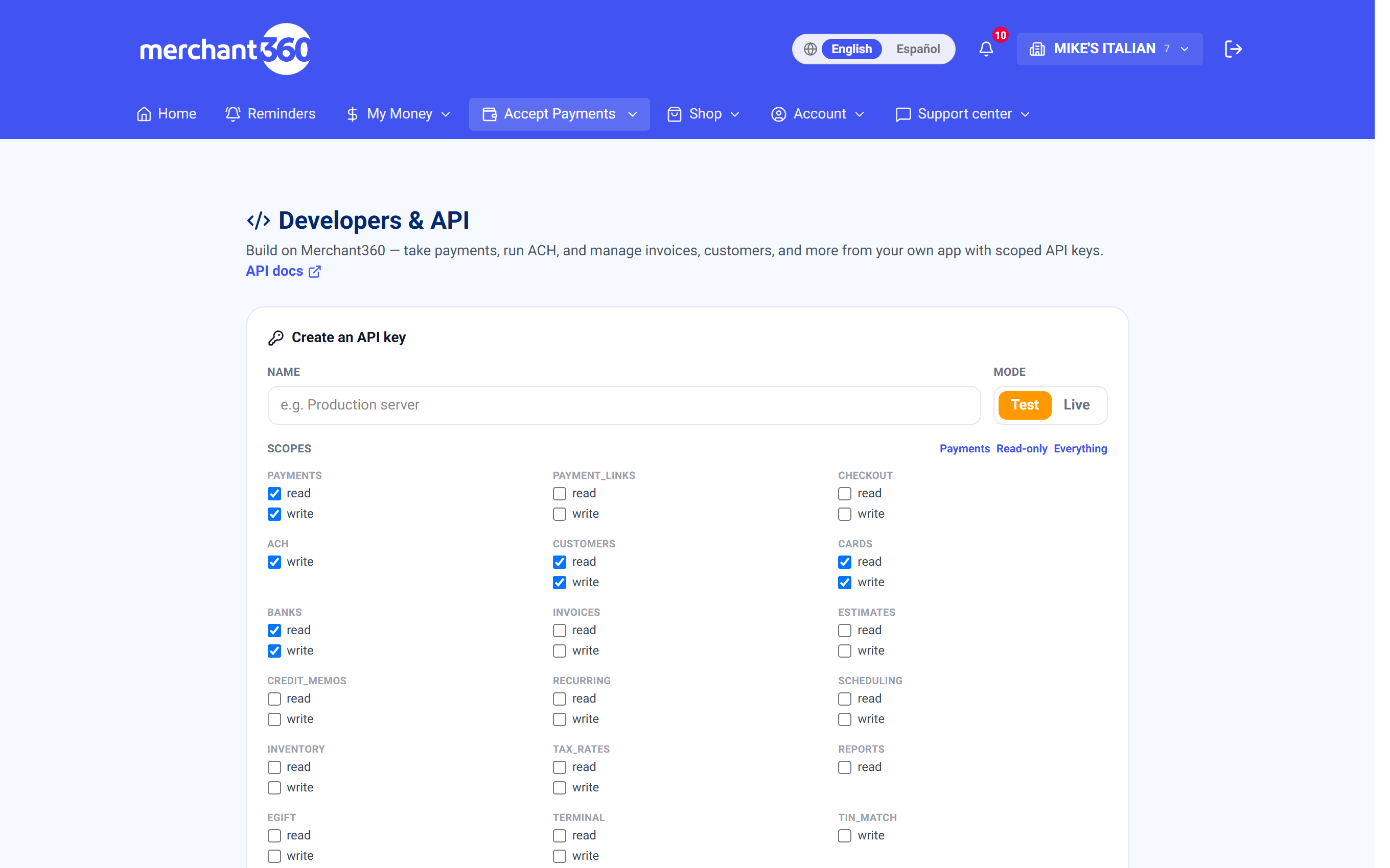 Developers page – API keys and webhooks