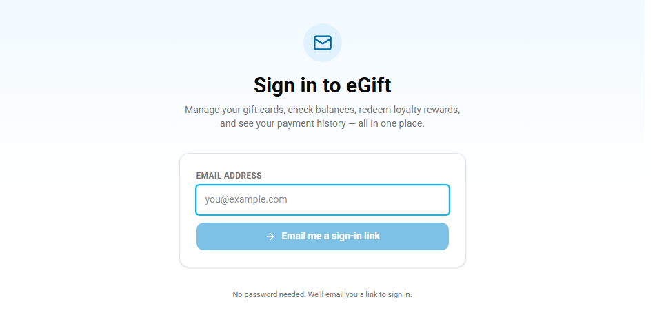 The eGift sign-in page for cardholders