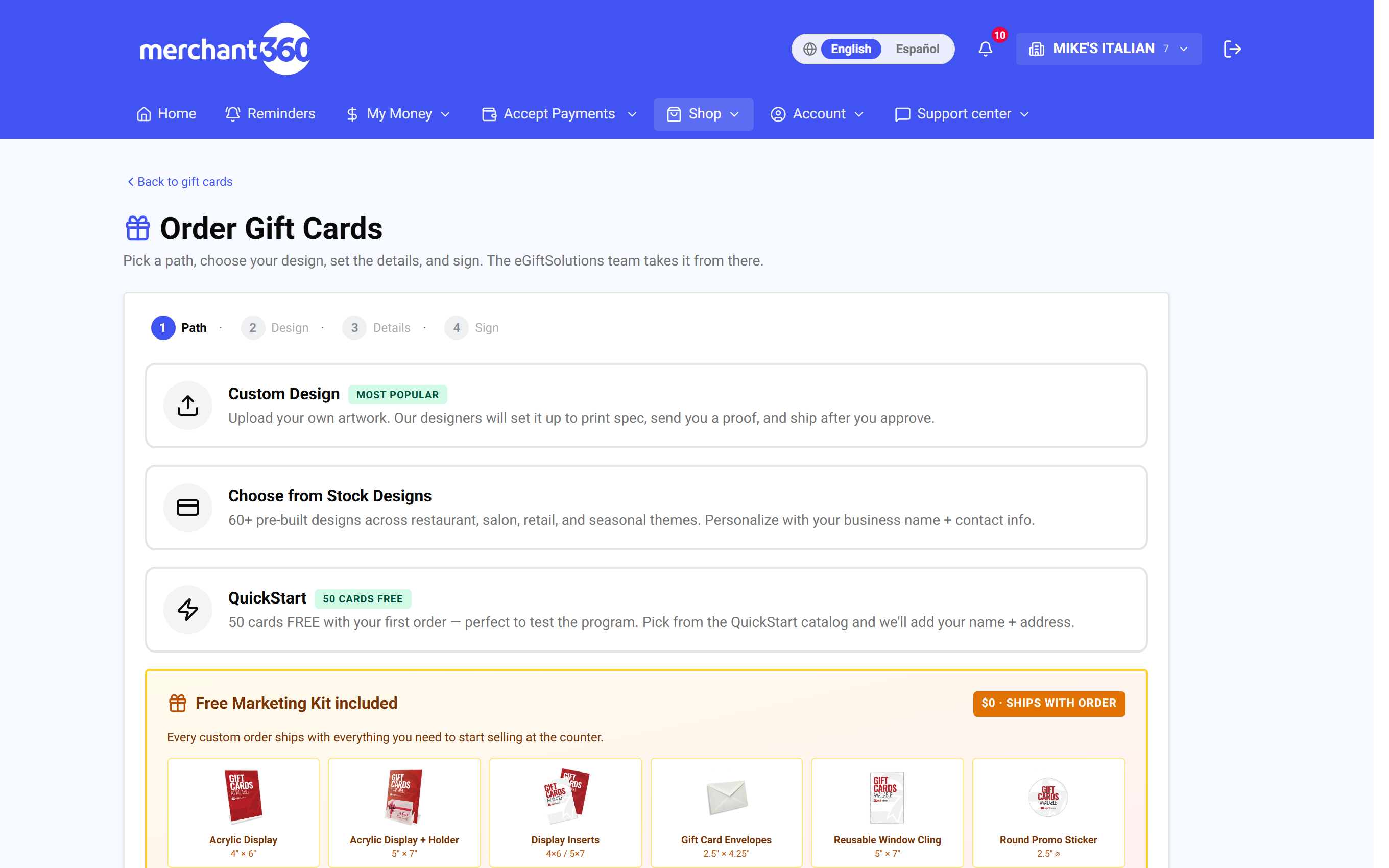 Order gift cards wizard