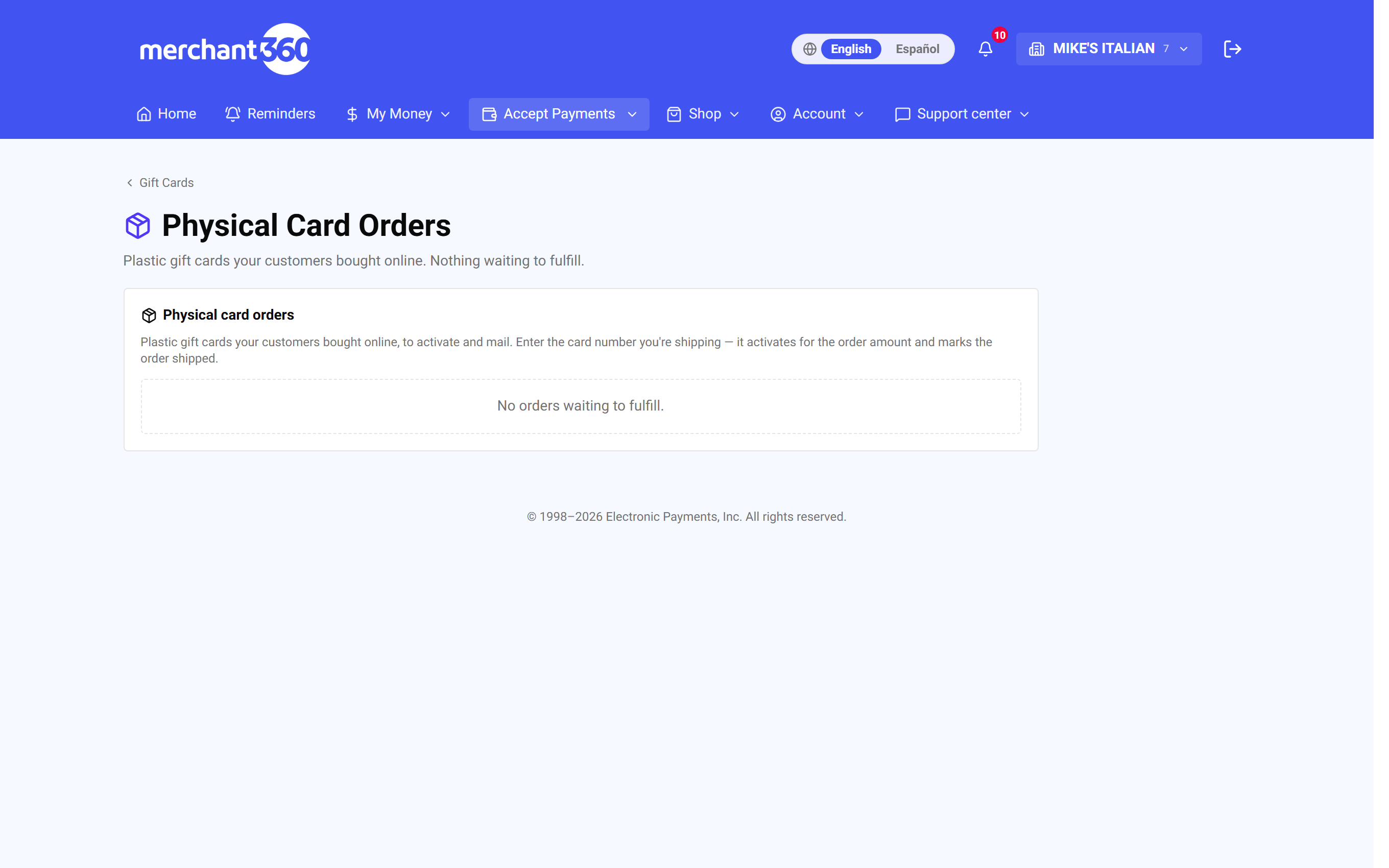 Physical card orders queue