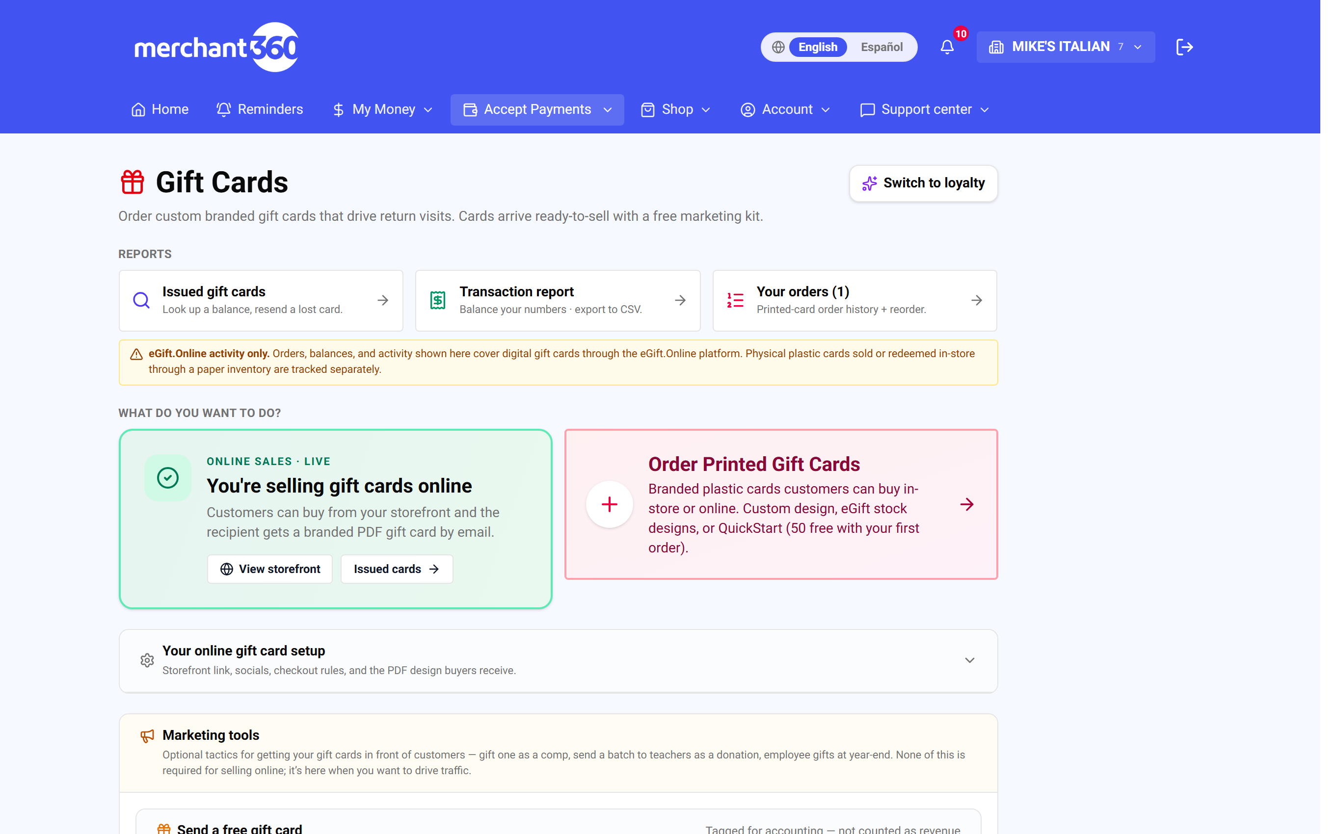 Gift Cards hub