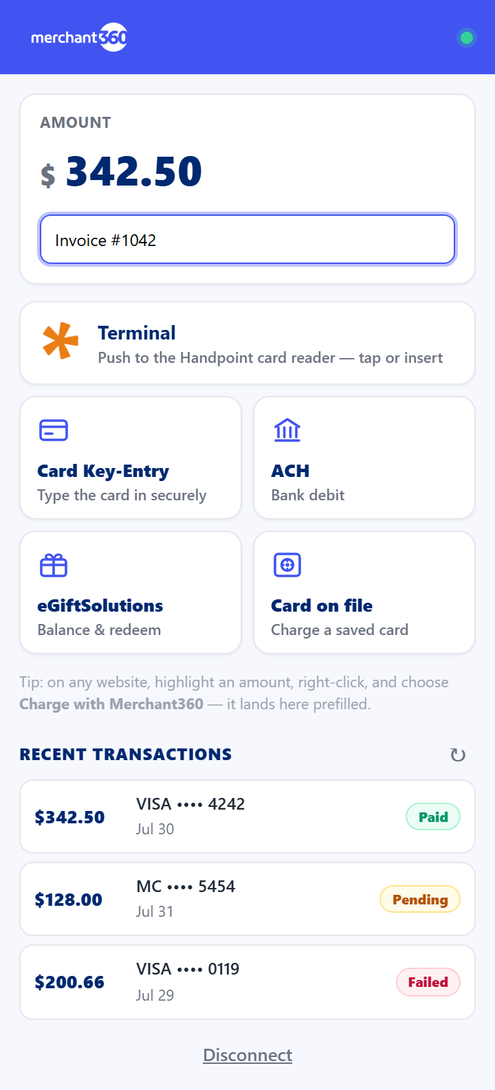 Extension home with amount and payment-method tiles