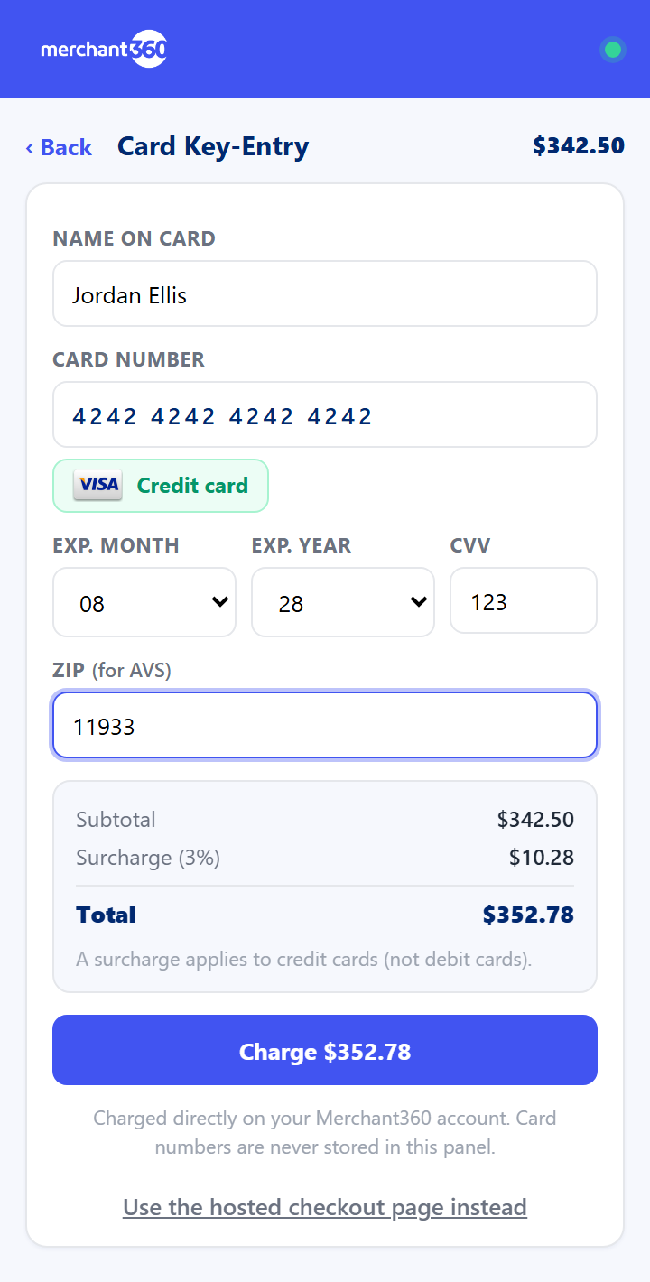 Native card key-entry with the surcharge itemized