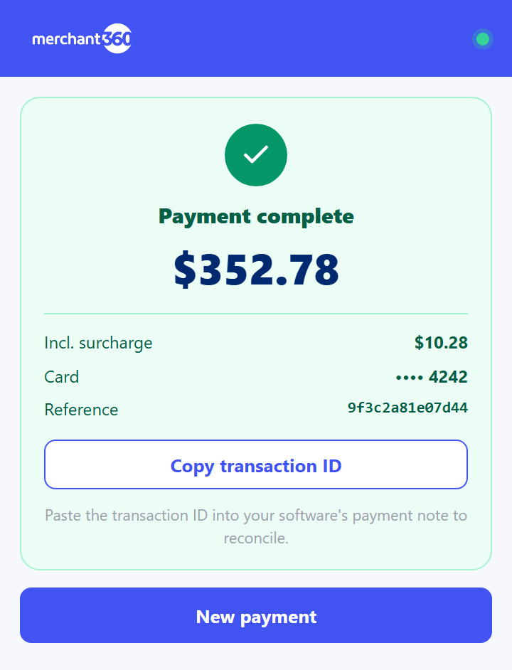 Completed payment with copyable transaction ID
