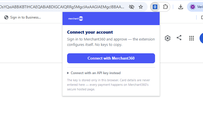 The extension's connect view with the Connect with Merchant360 button