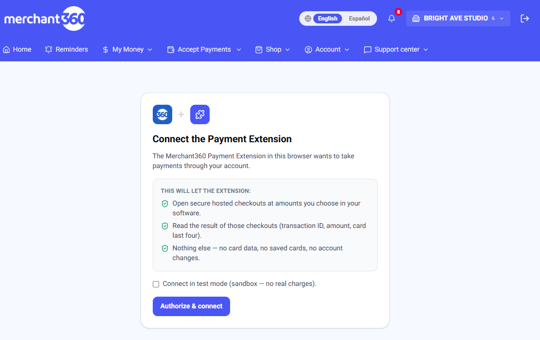 The Merchant360 consent page listing exactly what the extension can do