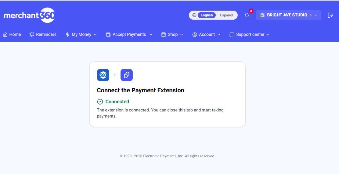 The extension showing the green connected confirmation
