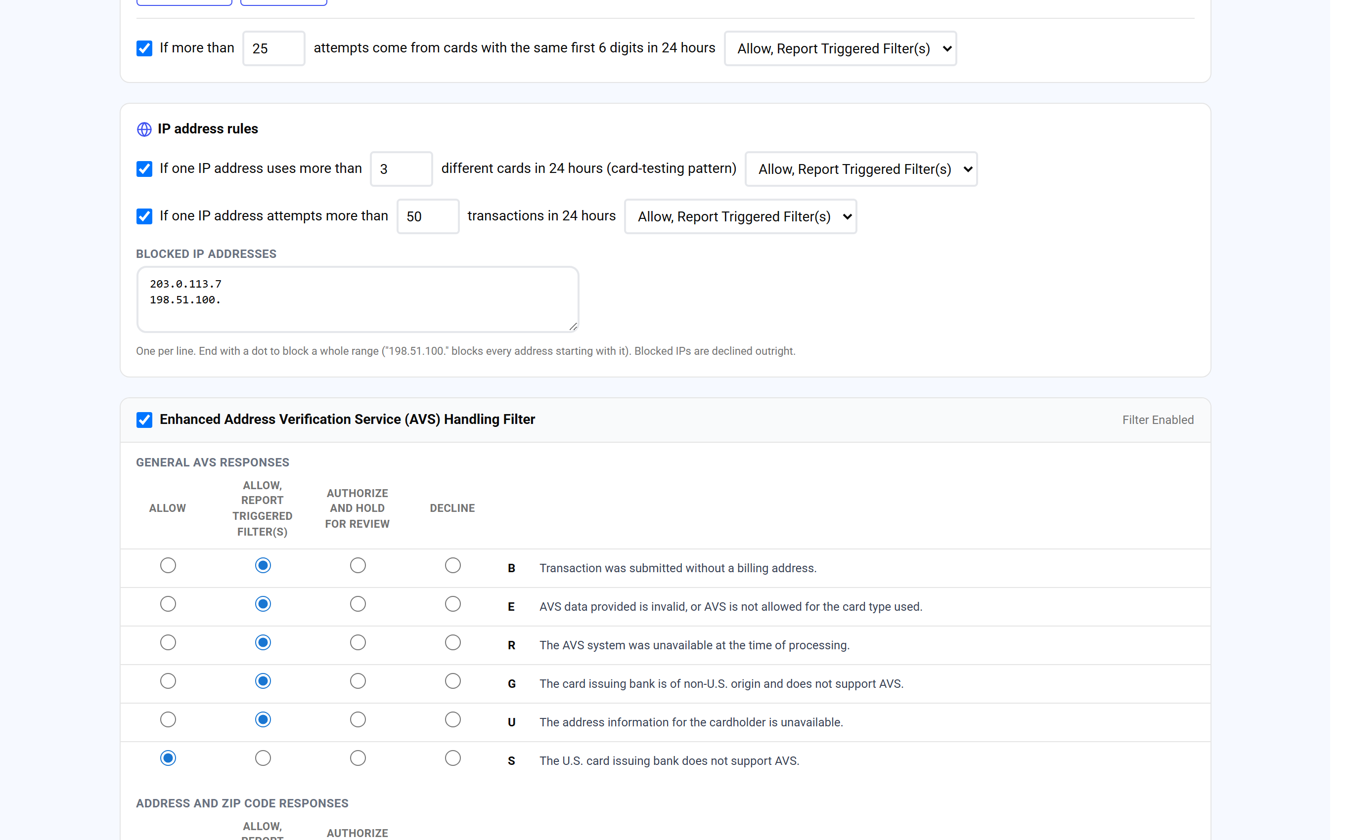 Enhanced AVS handling filter with per-code actions