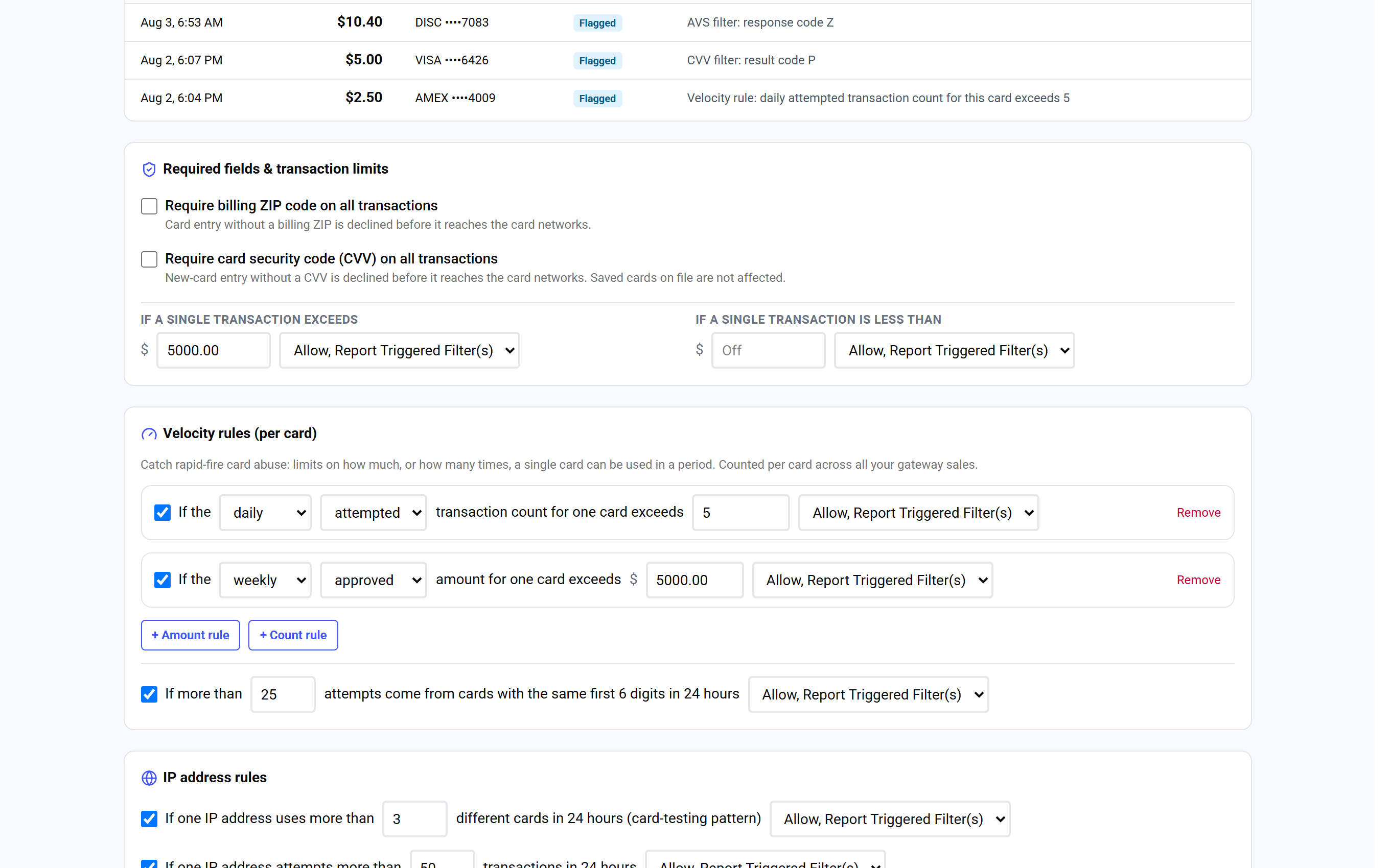 Velocity rules and IP address rules