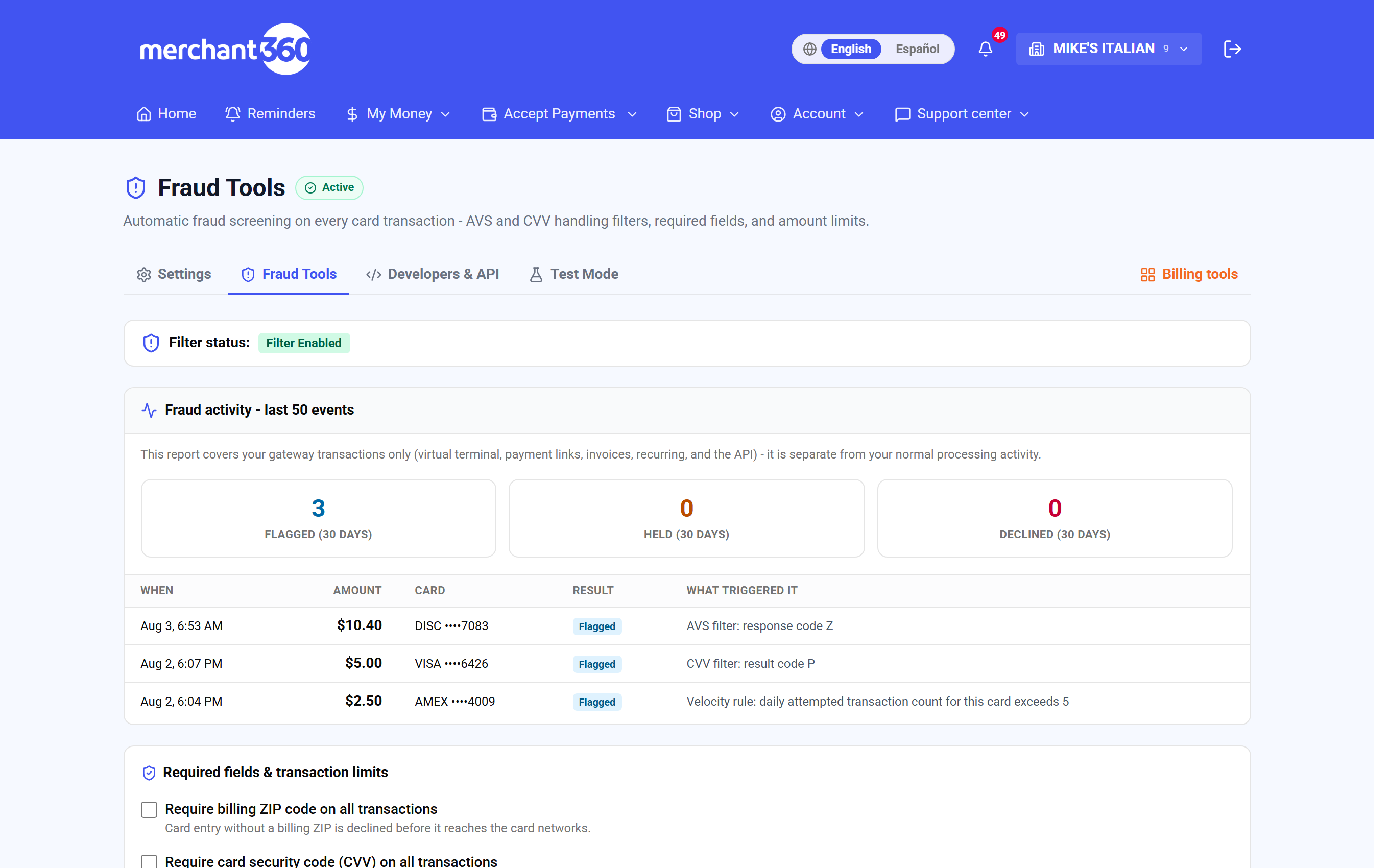 Fraud Tools page with status bar and fraud activity report