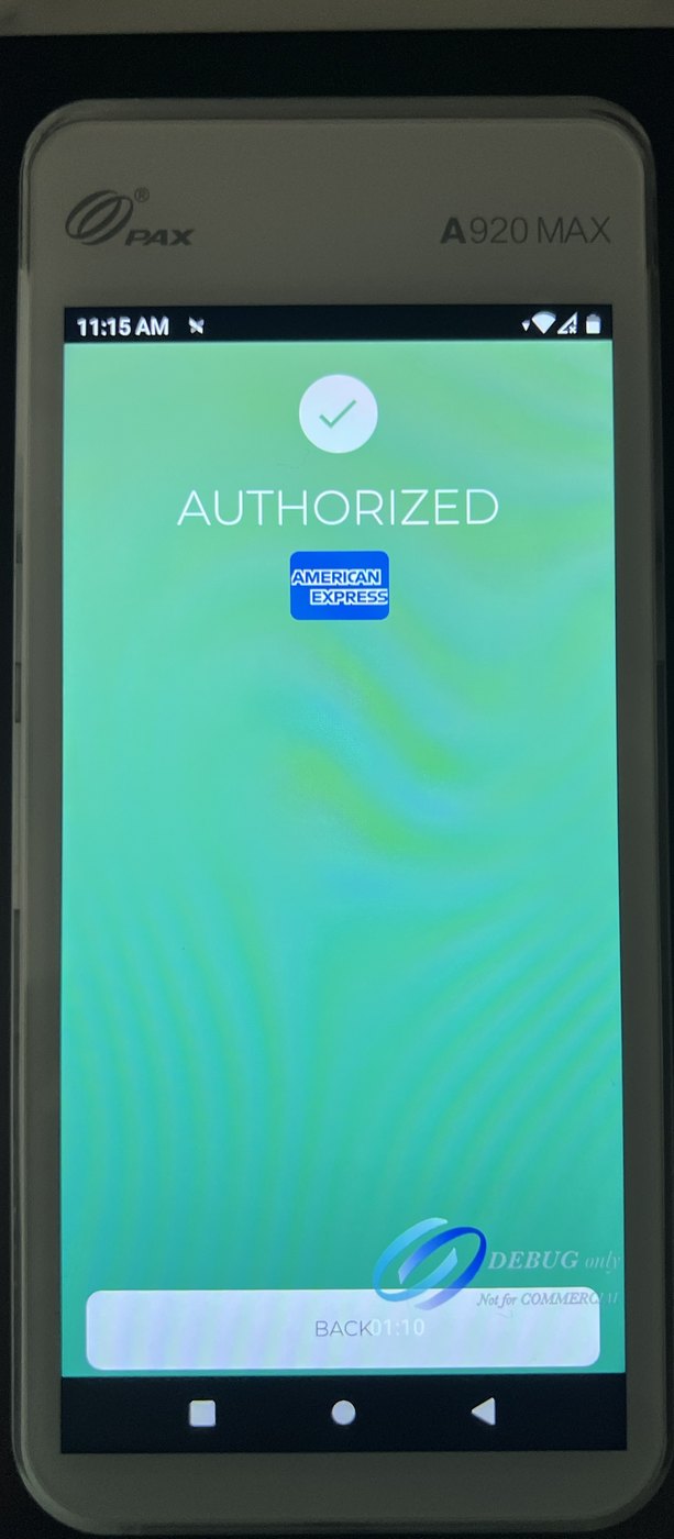 The terminal's AUTHORIZED screen showing the card brand
