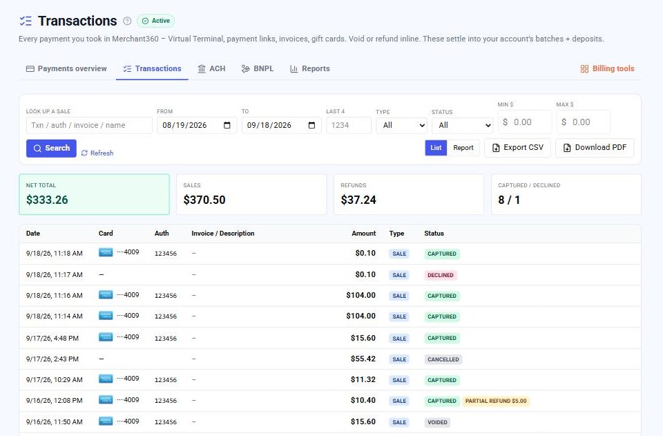 The Transactions board listing terminal sales with statuses such as Captured, Declined, Cancelled, Voided and a Partial refund tag
