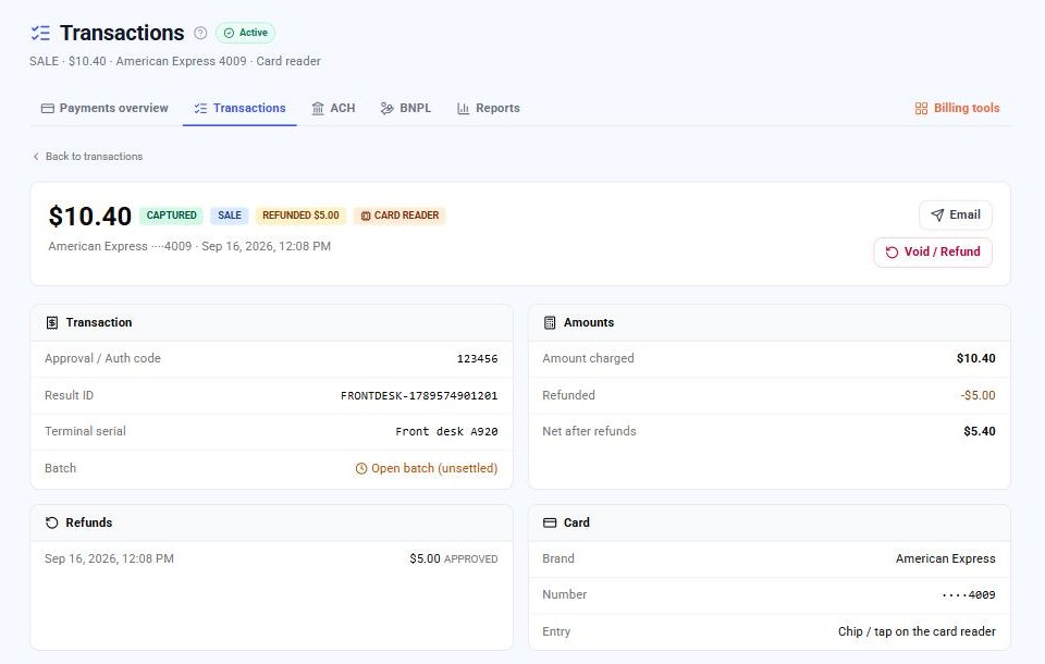 A terminal sale's detail page with Email and Void / Refund, the amounts with refunded and net, the refunds list, the card and the terminal serial
