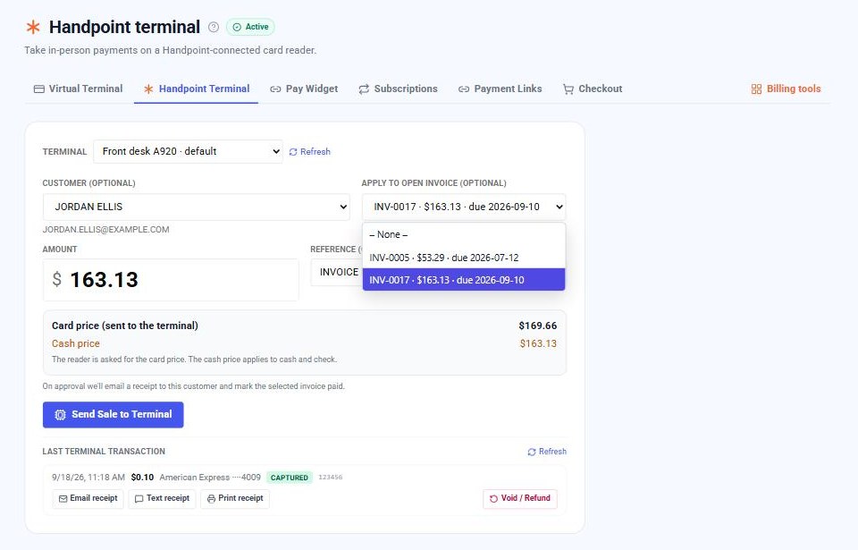 The Handpoint terminal page with a customer chosen and the Apply to open invoice list showing two unpaid invoices with their balances