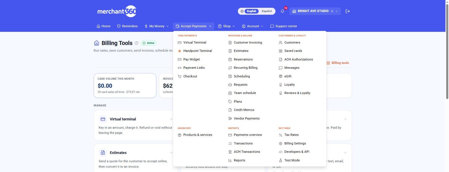 The Accept Payments menu in Merchant360 with Handpoint Terminal under Take payments