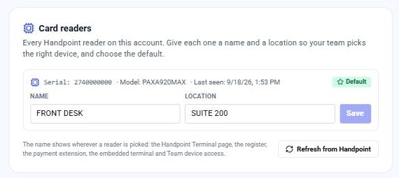 The Card readers card on Billing settings with one reader named, its serial, model, last seen time, the Default tag, and the Refresh from Handpoint button