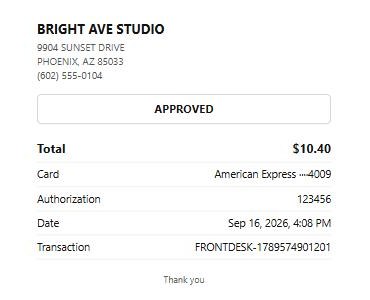 The printable receipt with the business name, total, card, authorization, date and transaction id