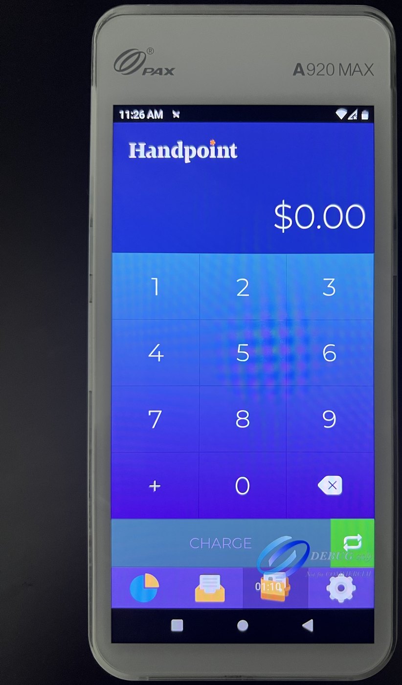 The terminal's own sale screen with a keypad and a Charge button