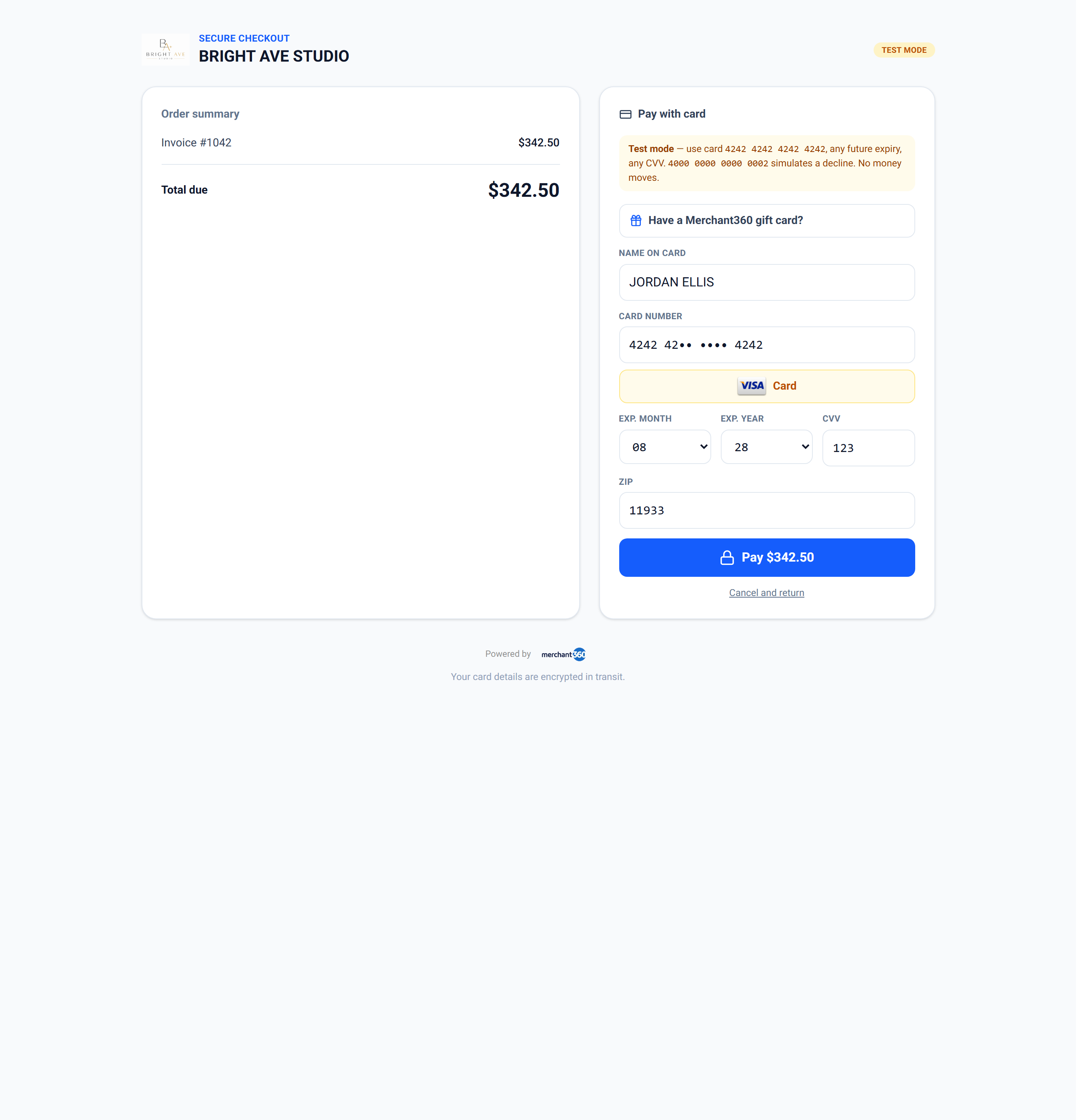 The hosted checkout page – merchant logo and name, order summary, and the secure card form
