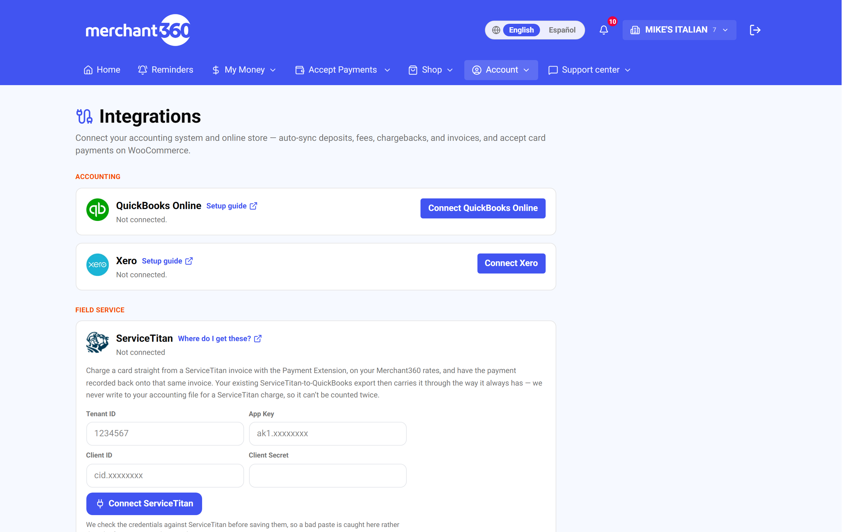 Merchant360 Integrations page