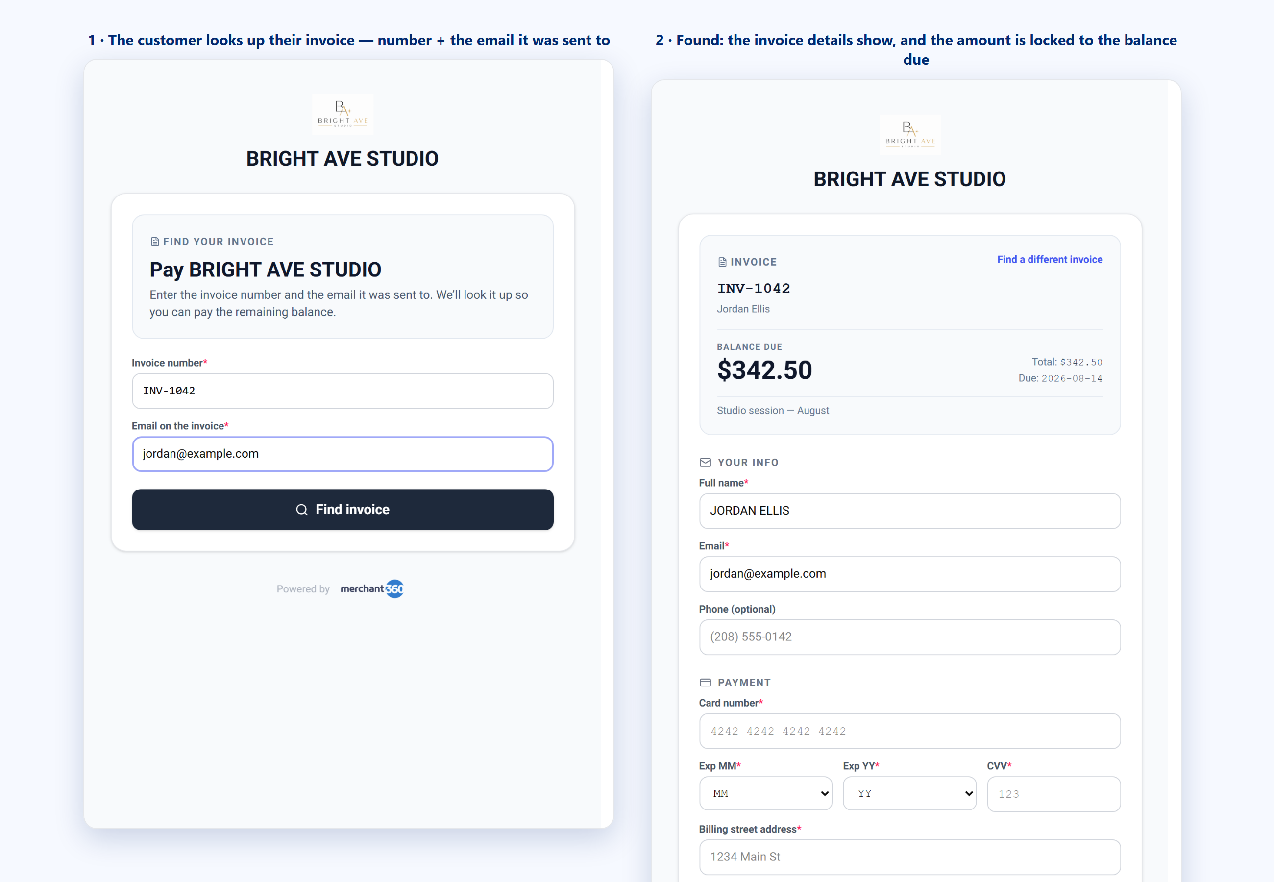 The invoice lookup in two steps: the customer enters an invoice number and email, then sees the matched invoice with the amount locked to the balance due