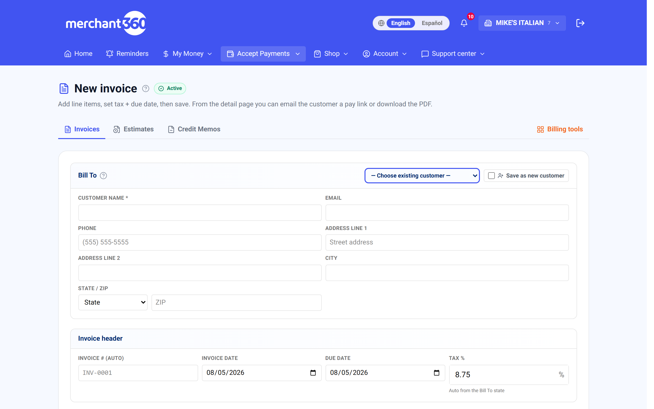 The New invoice builder