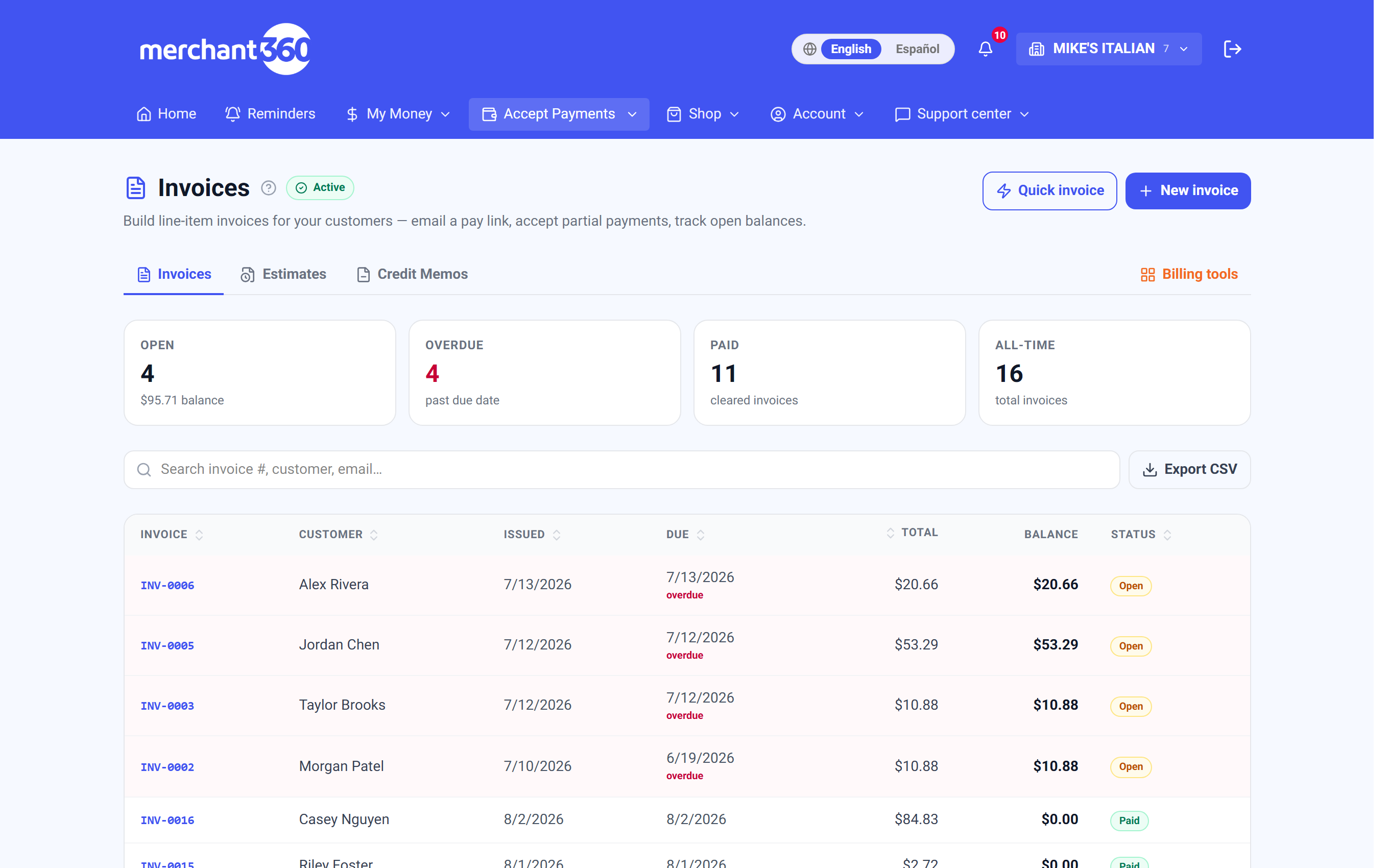 Invoices list with KPIs, search, and CSV export