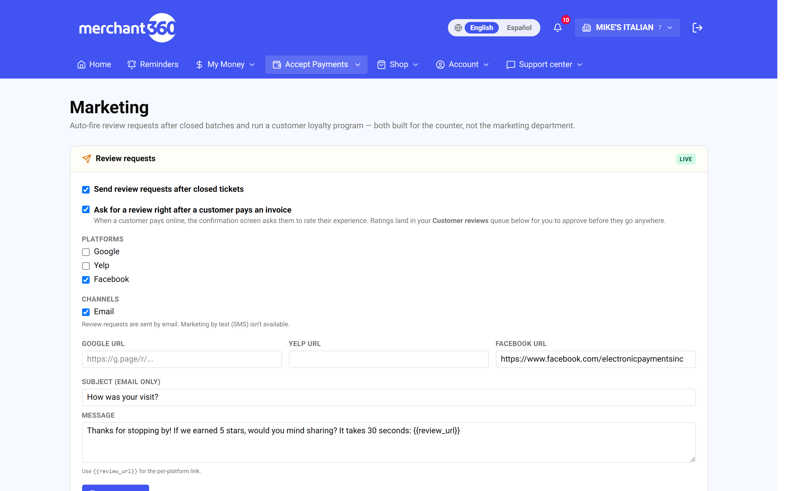 Marketing – review requests and settings