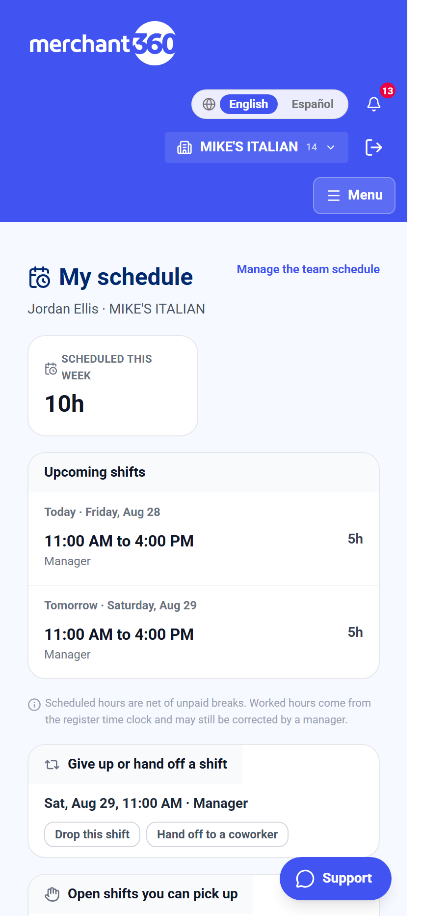 My schedule page on a phone with upcoming shifts and hours this week