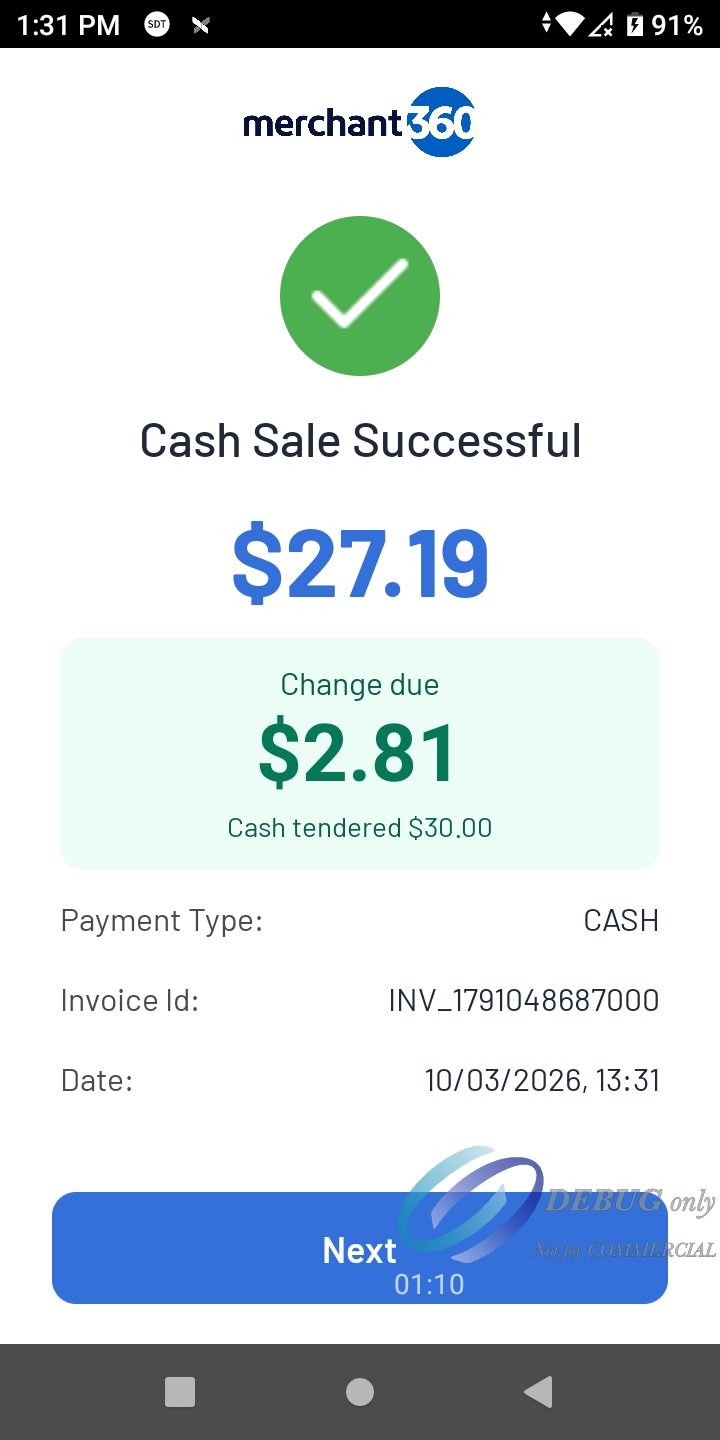 The Cash Sale Successful screen with the amount, change due $2.81, cash tendered $30.00, payment type, invoice and date