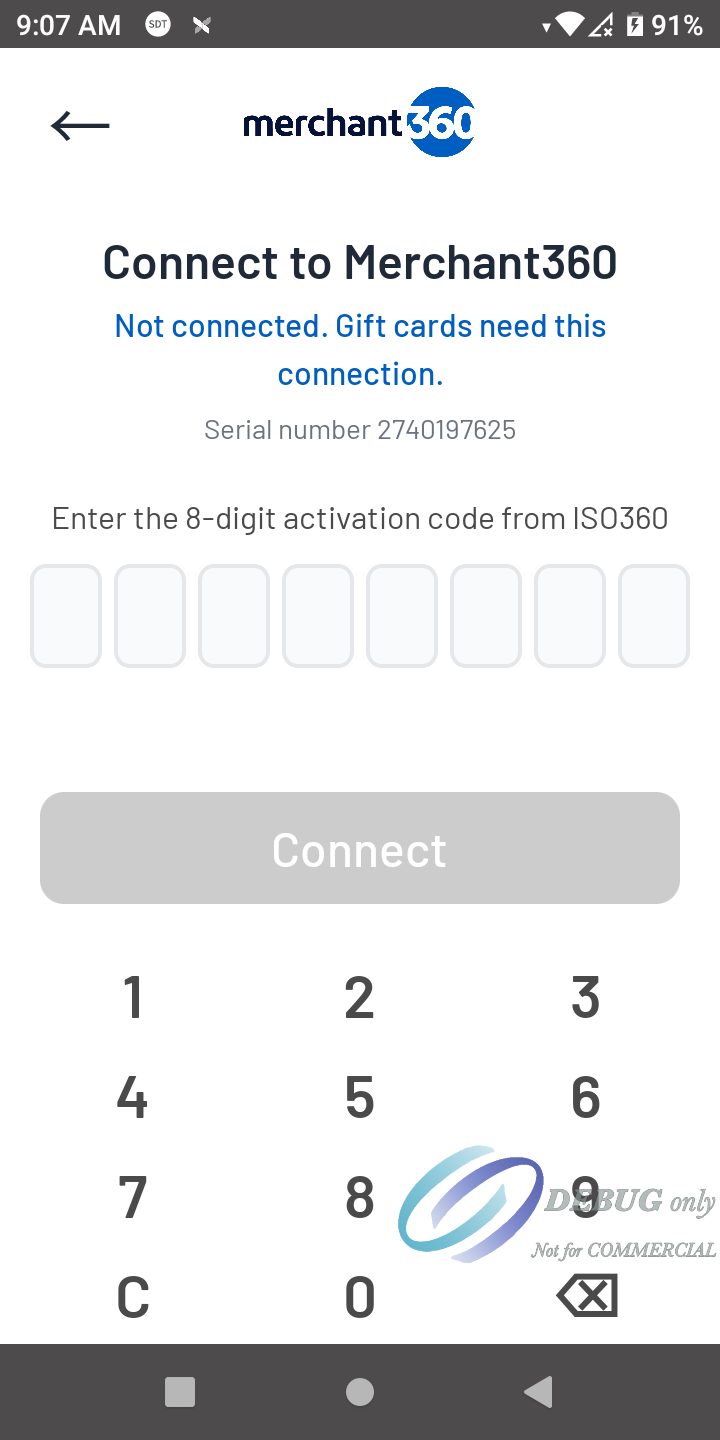 The Connect to Merchant360 screen with eight digit boxes and the number panel