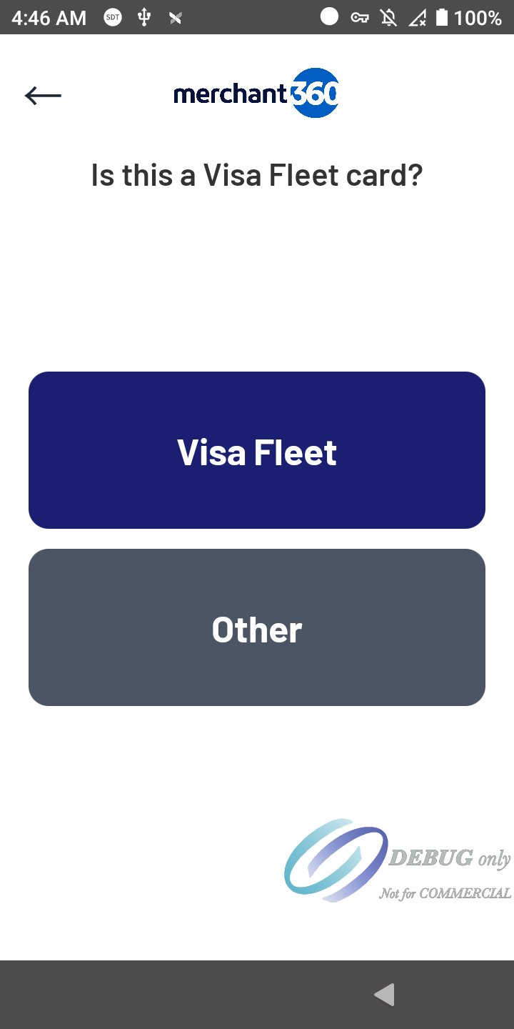 The question Is this a Visa Fleet card? with Visa Fleet and Other buttons