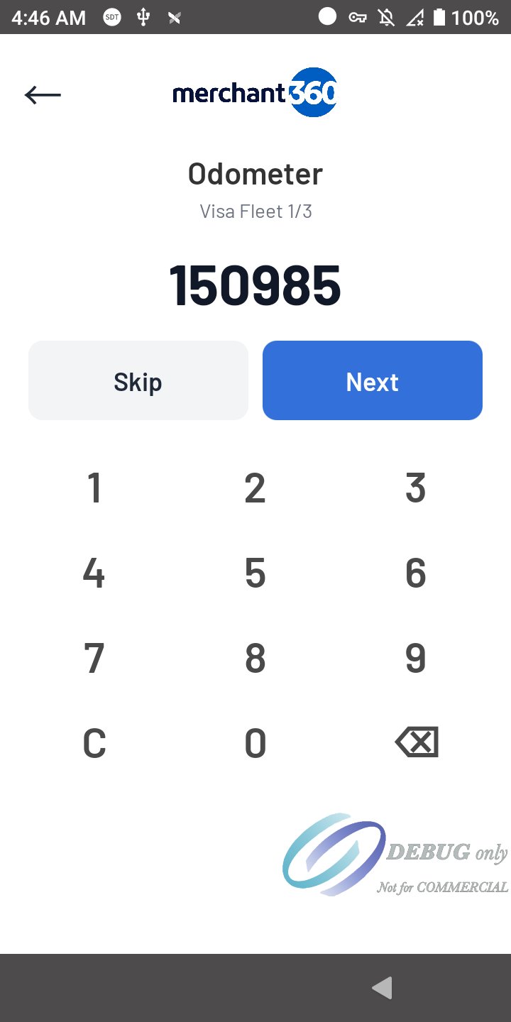 The Odometer prompt, Visa Fleet 1 of 3, with 150985 keyed and Skip and Next buttons