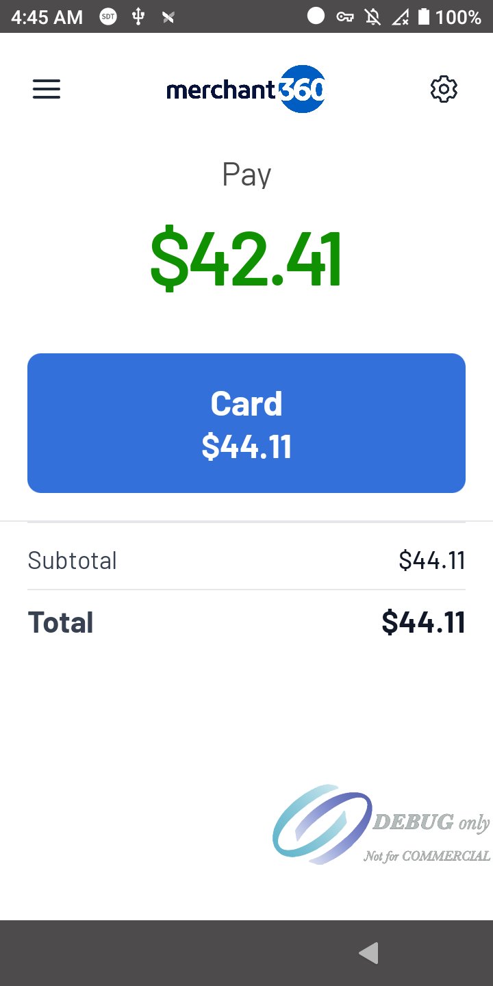 The Pay screen for the fuel sale: $42.41, Card $44.11 with the card price, no sales tax
