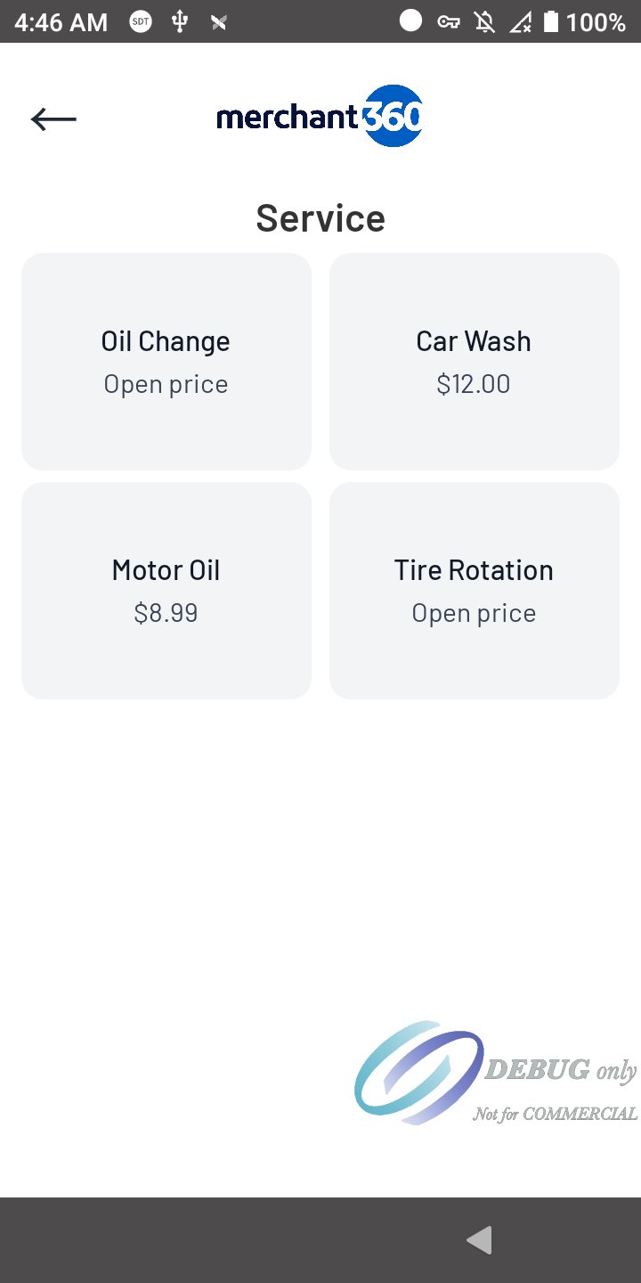 The Service screen with Oil Change (open price), Car Wash $12.00, Motor Oil $8.99 and Tire Rotation (open price)