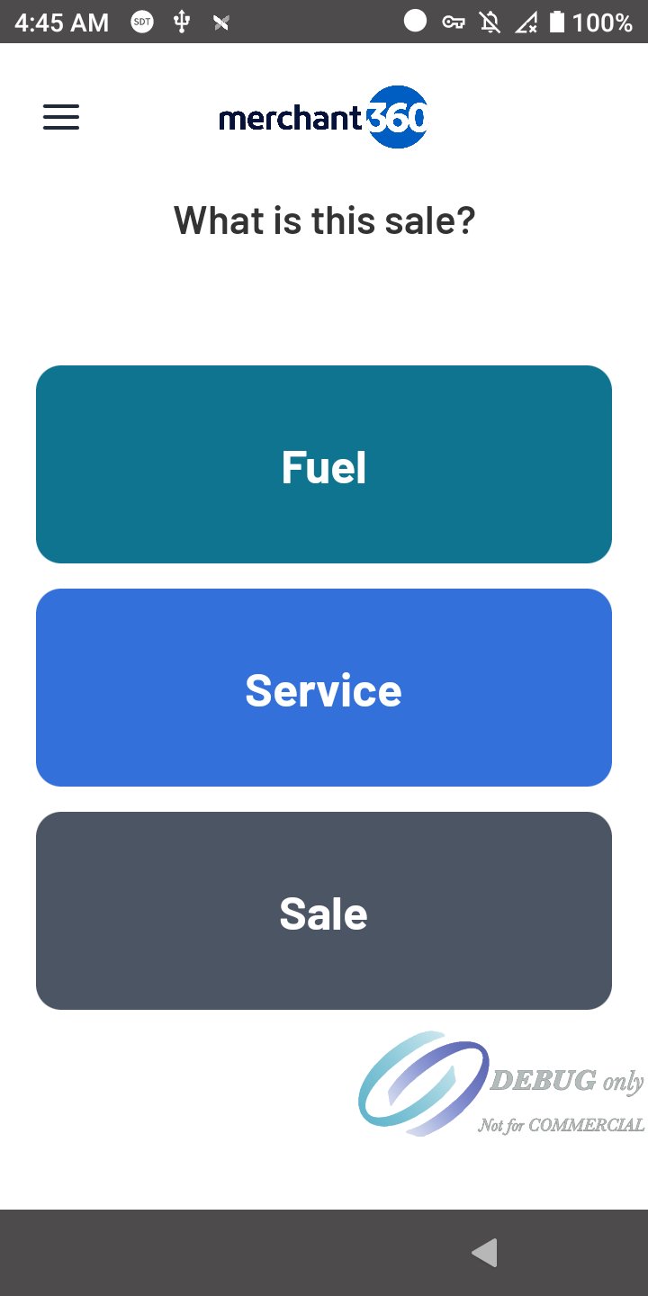 The Payment App start screen with three buttons: Fuel, Service and Sale